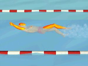Watch how the swimmer maintains a strong flutter kick with a steady head while performing the backstroke